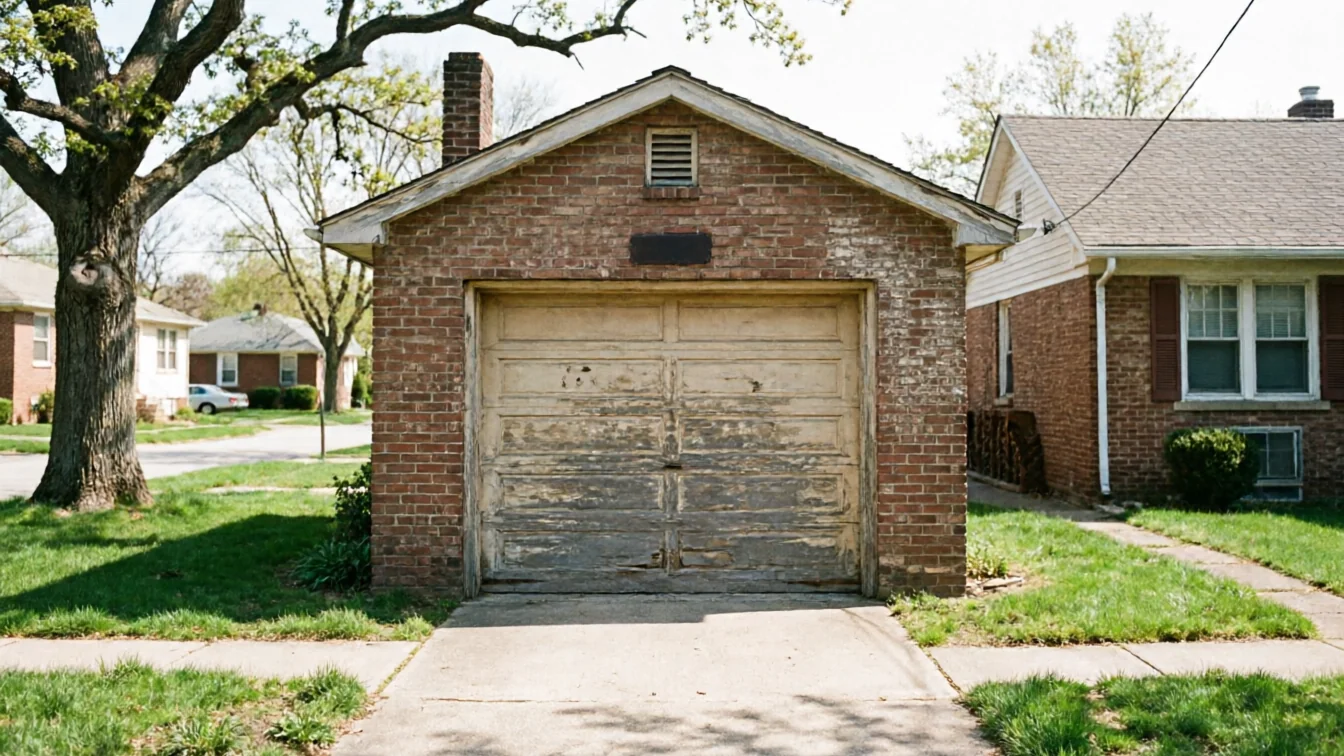A brick garage with a peeling wooden garage door and a concrete driveway.
