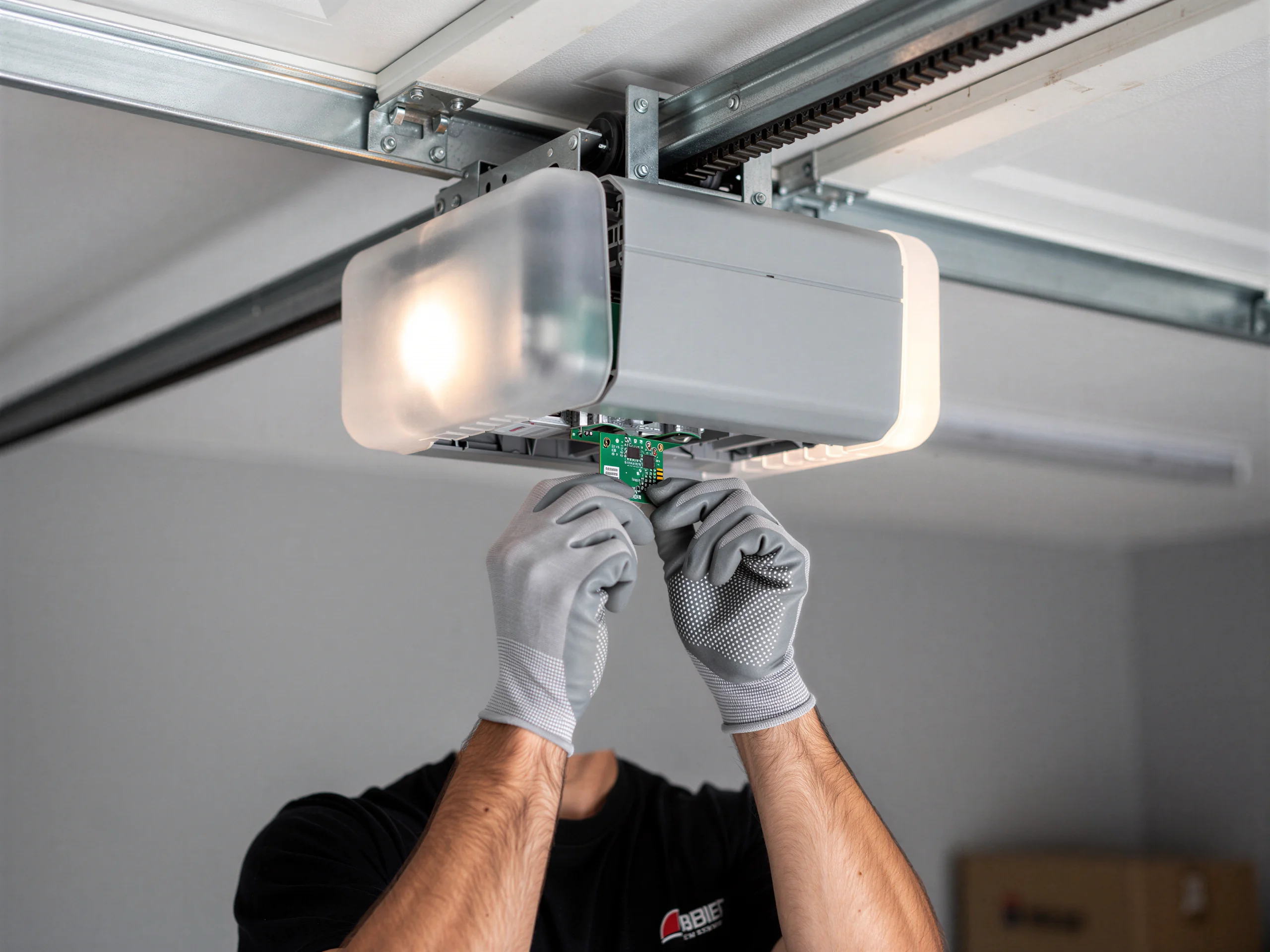 A technician in gloves works on the circuit board of a garage door opener.