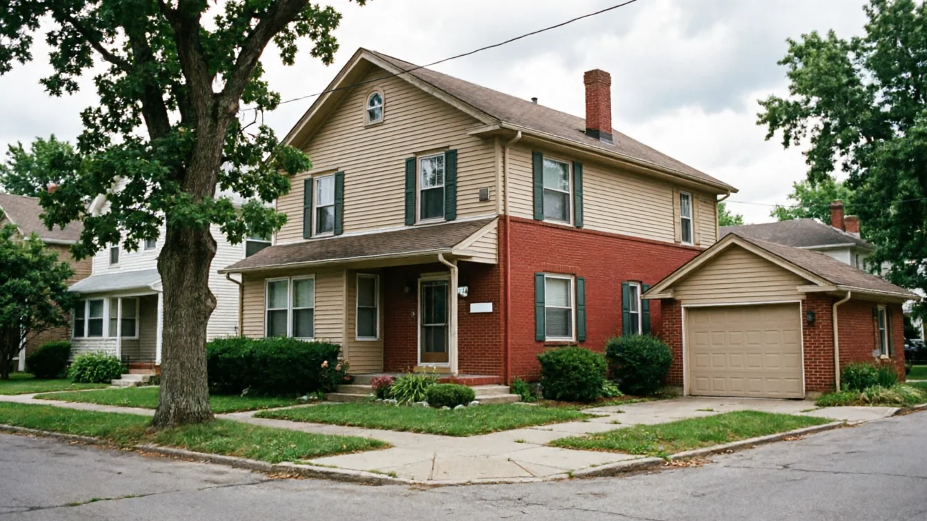 A two-story house with a tan garage door is visible from the street.